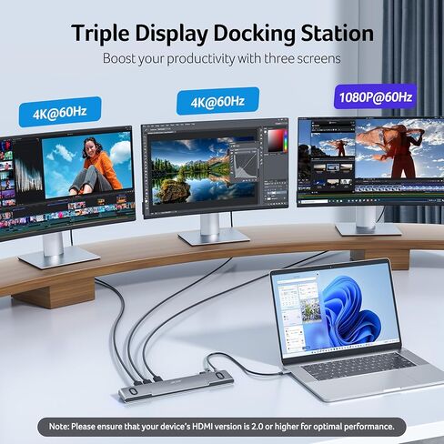 قاعدة شحن آيسر 3 شاشات، قاعدة شحن للكمبيوتر المحمول 11 في 1 مع DP 8K + HDMI مزدوج 4K@60 هرتز، إيثرنت، بيانات 10 جيجابت في الثانية، 100 وات PD، SD/TF، ​​قاعدة USB C مع كابل قابل للفصل لأجهزة Acer/Dell/Mac/HP in Kuwait