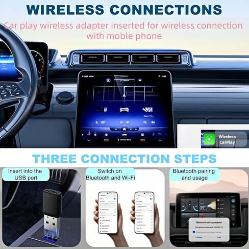 محول CarPlay اللاسلكي لهواتف iPhone، محول تشغيل السيارة بتقنية WiFi من الألومنيوم 6-2.4 جيجا هرتز، إعداد سريع، اتصال مستقر، التحكم في Siri/Google، الموسيقى عبر الإنترنت، Carplay لـ Android Auto in Kuwait