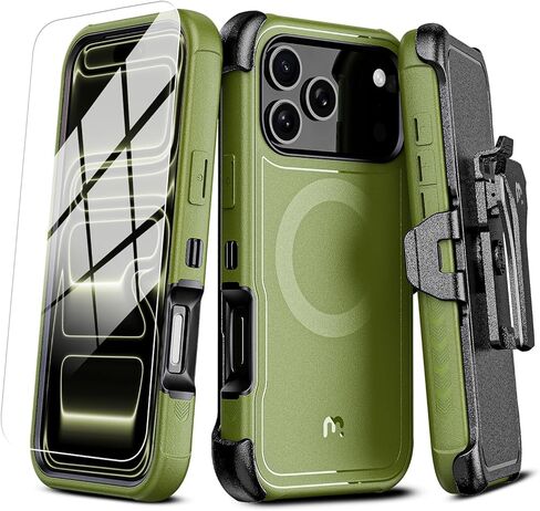حافظة M MYBAT PRO لهاتف iPhone 17 Pro مع حافظة بمشبك حزام، [متوافقة مع Magsafe] مع واقي شاشة، مضاد للسقوط، مقاوم للصدمات، مع مسند دوار 360 درجة، حماية شديدة التحمل (أسود) in Kuwait