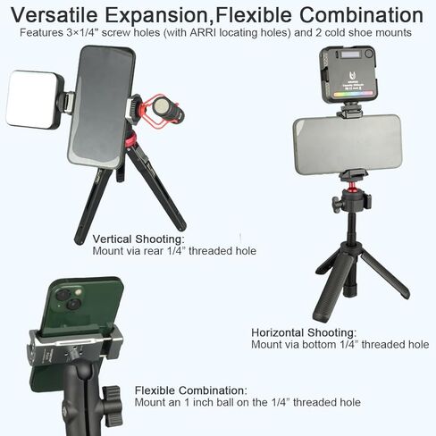 Aluminum Phone Tripod Mount Adapter with 2 Cold Shoes & Arca-Swiss Quick Release Plate,Metal Universal Adjustable Cell Phone Holder Clamp for iPhone 17/16/15/14/13 Pro Max/Samsung in Kuwait