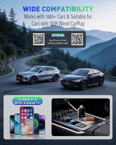 محول CarPlay اللاسلكي لهاتف iPhone، 2026، محول لاسلكي Android Auto CarPlay 2 في 1، تحويل سلكي إلى لاسلكي، سريع ومستقر، التوصيل والتشغيل، متوافق مع سيارات CarPlay السلكية من المصنع 2016+ in Kuwait
