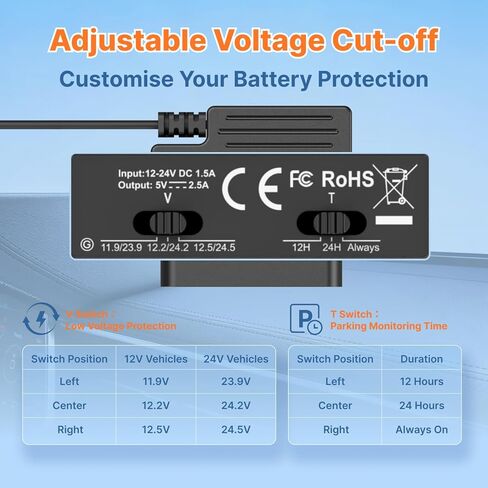 Miofive Obd2 طقم أسلاك صلبة لكاميرا Dash، كابل طاقة 11.5 قدم للتوصيل والتشغيل Obd II، USB من النوع C، مراقبة وضع انتظار السيارات على مدار 24 ساعة مع حماية من الجهد المنخفض قابلة للتعديل، تبديل الطاقة Acc/ثابت in Kuwait