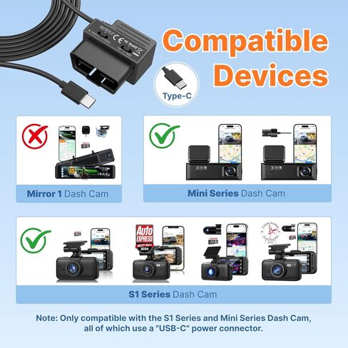 Miofive Obd2 طقم أسلاك صلبة لكاميرا Dash، كابل طاقة 11.5 قدم للتوصيل والتشغيل Obd II، USB من النوع C، مراقبة وضع انتظار السيارات على مدار 24 ساعة مع حماية من الجهد المنخفض قابلة للتعديل، تبديل الطاقة Acc/ثابت in Kuwait