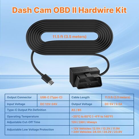 Miofive Obd2 طقم أسلاك صلبة لكاميرا Dash، كابل طاقة 11.5 قدم للتوصيل والتشغيل Obd II، USB من النوع C، مراقبة وضع انتظار السيارات على مدار 24 ساعة مع حماية من الجهد المنخفض قابلة للتعديل، تبديل الطاقة Acc/ثابت in Kuwait