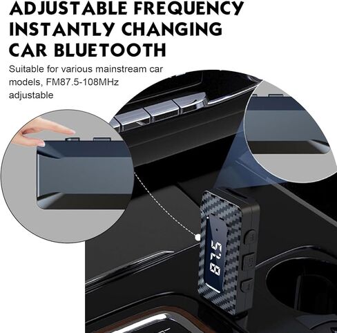 Car USB Bluetooth Receiver, HD LED Display FM Transmitter Audio Adapter, DC 5V Plug and Play Adjustable Frequency Bluetooth Receiver with AUV Connector, for Most Cars Home (Black) in Saudi Arabia