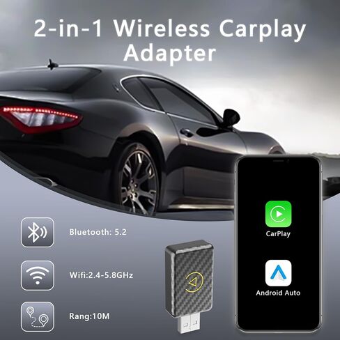 محول CarPlay لاسلكي 2 في 1 ومحول Android Auto - متوافق مع 98% من المركبات التي تدعم CarPlay (iOS 9+) - التوصيل والتشغيل، الاتصال التلقائي in Kuwait