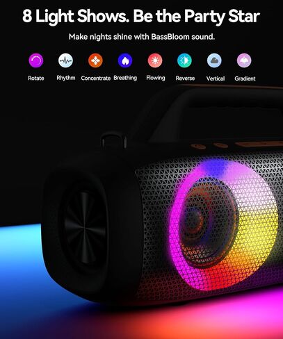BassBloom Roar 1 مكبر صوت بلوتوث محمول، صوت قوي 60 وات مع JIKE Bass، IPX6 مقاوم للماء، وقت تشغيل 24 ساعة، بلوتوث 5.4، أضواء حفلات RGB، اقتران ستيريو لاسلكي، السفر في الهواء الطلق للتخييم والشاطئ in Kuwait