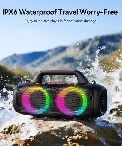 BassBloom Roar 1 مكبر صوت بلوتوث محمول، صوت قوي 60 وات مع JIKE Bass، IPX6 مقاوم للماء، وقت تشغيل 24 ساعة، بلوتوث 5.4، أضواء حفلات RGB، اقتران ستيريو لاسلكي، السفر في الهواء الطلق للتخييم والشاطئ in Kuwait