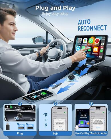محول CarPlay اللاسلكي، تحويل سلكي إلى لاسلكي، CarPlay 2 في 1 وAndroid Auto، توصيل وتشغيل صغير، اتصال تلقائي سريع وبدون زمن وصول، USB/USB-C للسيارات المزودة بتقنية CarPlay المدمجة وiOS 10+/Android 11+ in Kuwait