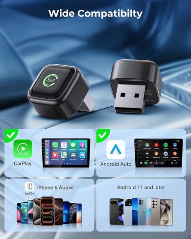 محول CarPlay اللاسلكي، تحويل سلكي إلى لاسلكي، CarPlay 2 في 1 وAndroid Auto، توصيل وتشغيل صغير، اتصال تلقائي سريع وبدون زمن وصول، USB/USB-C للسيارات المزودة بتقنية CarPlay المدمجة وiOS 10+/Android 11+ in Kuwait