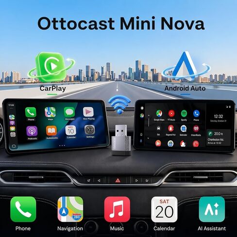 OTTOCAST Mini Nova, 2 in 1 Wireless Carplay & Android Auto Adapter, Plug & Play 2026 Upgraded with AI Assistance (ChatGPT, Gemini, Claude) in Saudi Arabia