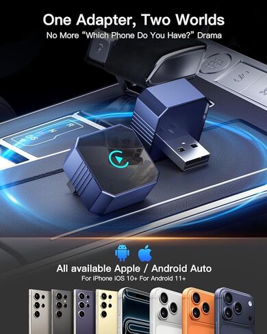 محول CarPlay لاسلكي صغير مطور لعام 2026 لأجهزة Apple CarPlay وAndroid Auto، التوصيل والتشغيل، اتصال سريع وتلقائي، بدون زمن الوصول، محول لاسلكي 2 في 1 لتشغيل السيارة لهاتف iPhone iOS 10+ وAndroid 11+ in Kuwait