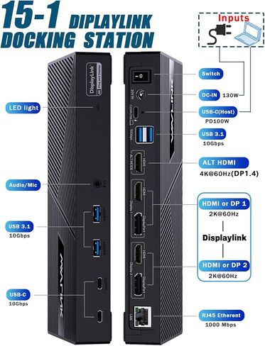 WAVLINK Displaylink Docking Station 3 Monitors with 130W Power Delivery, 10Gbps USB for MacBook (M1-M5, Neo) & Windows, USB-C(3 HDMI, 2 DisplayPort, 2 USB-C, 4 USB3.1, Ethernet, Audio) in Saudi Arabia