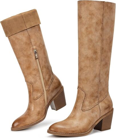wetkiss Women's Knee High Cowboy Boots - Western Cowgirl Boots with Almond Toe, Comfortable Ultra-Thin PU Leather, Chunky Heel, Pull On Tall Boots in Saudi Arabia
