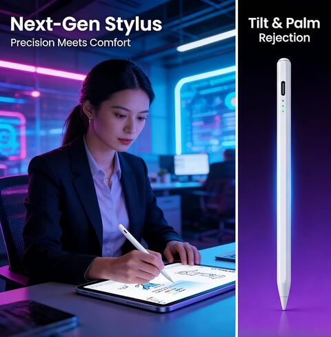 قلم ستايلس لجهاز iPad 2018-2026، شحن سريع لمدة 13 دقيقة مع حساسية للإمالة ورفض راحة اليد، متوافق مع iPad 6/7/8/9/10/11th Gen، Air 3/4/5/6/7/M2/M3، Pro 11"/12.9"/13"/M4، Mini 5/6/7th Gen، أبيض in Kuwait