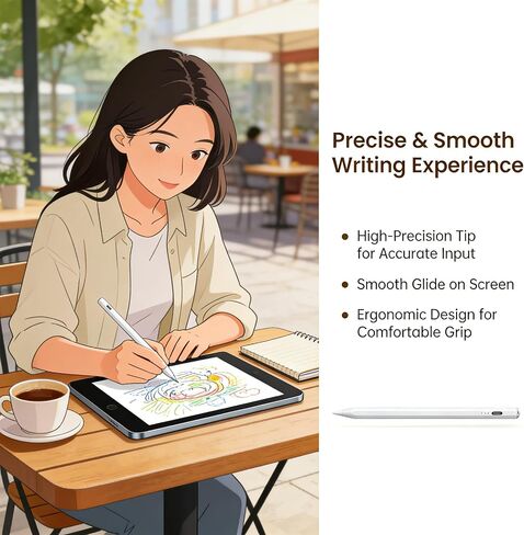 قلم ستايلس لجهاز iPad 2018-2026، شحن سريع لمدة 13 دقيقة مع حساسية للإمالة ورفض راحة اليد، متوافق مع iPad 6/7/8/9/10/11th Gen، Air 3/4/5/6/7/M2/M3، Pro 11"/12.9"/13"/M4، Mini 5/6/7th Gen، أبيض in Kuwait