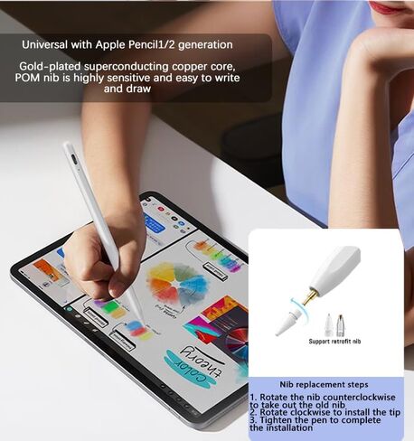 قلم شاشة لجهاز iPad (6-11) قلم لمس نشط سريع الشحن متوافق مع 2018-2025 Apple iPad Pro 11"/12.9"/M4، iPad Air 3/4/5/M2/M3، iPad mini 5/6، أبيض in Kuwait