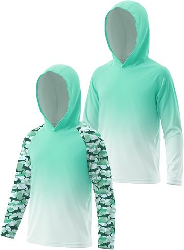 Cooraby 2 Pack Boys Hooded Rash Guard UPF 50+ Long Sleeve Kids Swim Fishing Shirts with Thumb Hole in Saudi Arabia