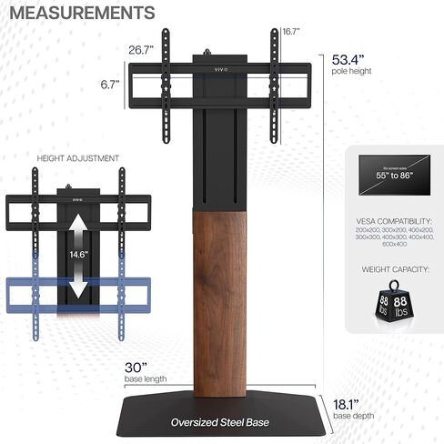 VIVO FreeLift TV Floor Stand for 55" to 86" Screens with Heavy Duty Super-Sized Base, Holds 88 lbs, Black and Dark Walnut, STAND-TV86S in Saudi Arabia