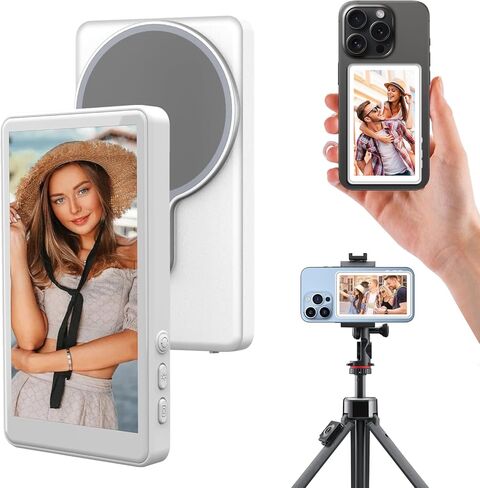 شاشة مراقبة سيلفي مغناطيسية لهواتف iPhone وAndroid، 4 بوصات 4K/1080p 30 إطارًا في الثانية انعكاس لاسلكي لشاشة Vlog Selfie للهاتف مع بطارية 1500 مللي أمبير في الساعة، شاشة كاميرا خلفية لبث Vlog Live TikTok-White in Saudi Arabia