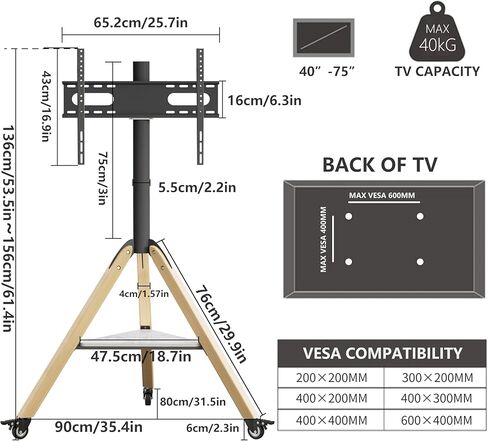 unho Corner tv Stand for 40 45 50 55 60 65 70 72 75 Inch LCD LED Flat Tripod Wood Floor TV Mount Stand with Wheels Max VESA600x400mm up to 88lbs in Saudi Arabia