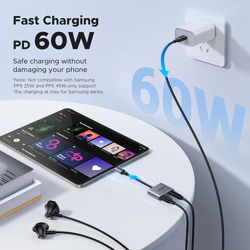 UGREEN USB C to 3.5mm Audio and Charger Adapter 2 in 1 Type C to Aux Headphone Jack with PD 60W Charging Dongle for Earbuds Compatible with iPhone 17 16 Pro Max, Galaxy S26 S25 Ultra iPad Pro Switch 2 in Saudi Arabia