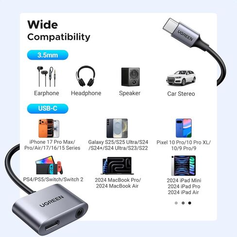UGREEN USB C to 3.5mm Audio and Charger Adapter 2 in 1 Type C to Aux Headphone Jack with PD 60W Charging Dongle for Earbuds Compatible with iPhone 17 16 Pro Max, Galaxy S26 S25 Ultra iPad Pro Switch 2 in Saudi Arabia