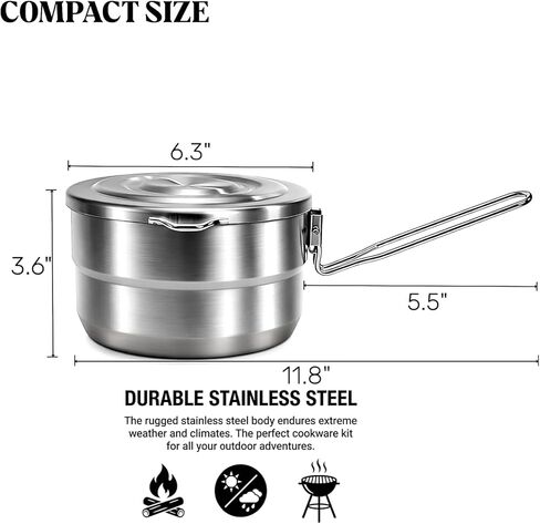 ZOOFOX 18/10 Stainless Steel Camping Pot, 1.5 Quart Food Grade Small Pot with Lid, Locking Handle and Storage Bag, Portable Lightweight Saucepan for Outdoor Cooking, Backpacking, Hiking and Picnic in Saudi Arabia