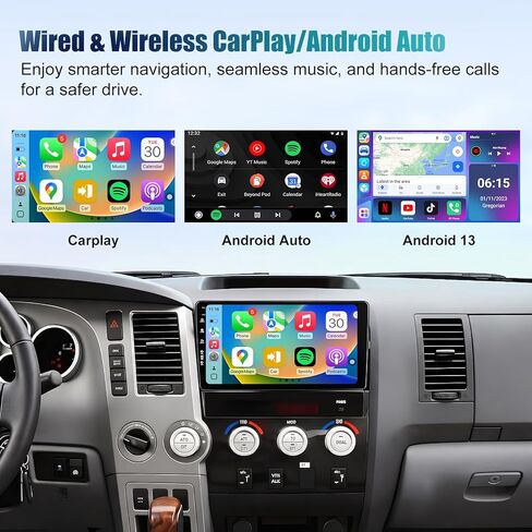 ستيريو راديو السيارة لسيارة Toyota Tundra 07-13 Sequoia 08-18، ترقية Android 13/10 بوصة QLED IPS شاشة تعمل باللمس/Carplay لاسلكي/Android Auto/Bluetooth/GPS Navigation/WiFi/5G/HD كاميرا الرؤية الخلفية/SWC/FM in Kuwait