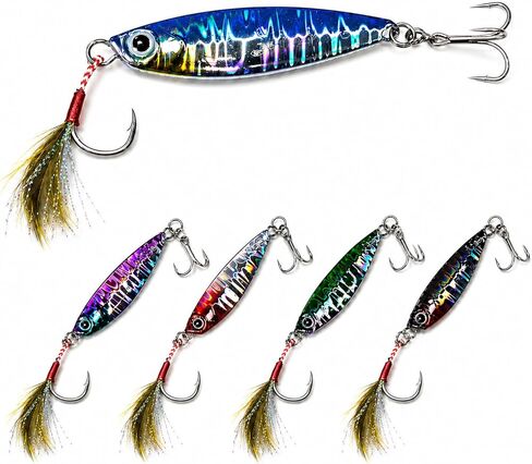 Pack for Trail Bass Fishing Lures 5pcs with Box, 0.53oz Jigging Spoon Fishing Jigs with Razor Sharp Treble Hooks, Holographic Flash Finish, 3D Eyes, Feather Teaser, Fishing Gifts for Men in Saudi Arabia