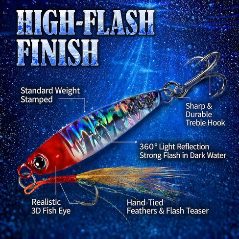 Pack for Trail Bass Fishing Lures 5pcs with Box, 0.53oz Jigging Spoon Fishing Jigs with Razor Sharp Treble Hooks, Holographic Flash Finish, 3D Eyes, Feather Teaser, Fishing Gifts for Men in Saudi Arabia