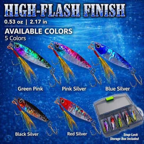 Pack for Trail Bass Fishing Lures 5pcs with Box, 0.53oz Jigging Spoon Fishing Jigs with Razor Sharp Treble Hooks, Holographic Flash Finish, 3D Eyes, Feather Teaser, Fishing Gifts for Men in Saudi Arabia