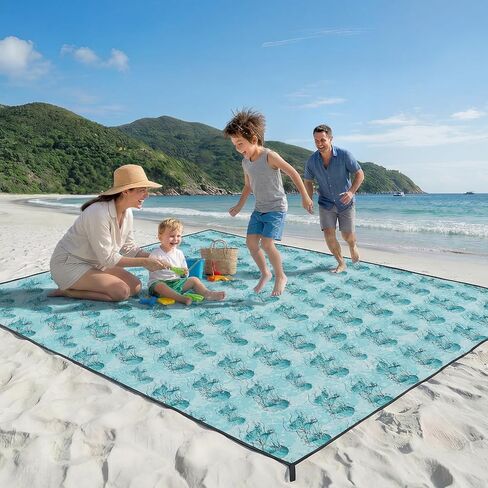 Beach Blanket Waterproof Sandproof - Oversized Extra Large Beach Mat for 3-4 People, Lightweight Sand Free Mat for Summer Vacation with 6 Stakes & 4 Corner Pockets for Beach, Camping 7x7ft Blue Stripe in Kuwait