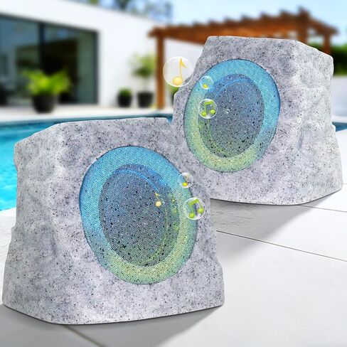 MIKK 2 Pack Solar Rock Speakers Outdoor Waterproof Patio with Lights Color,Multi-Sync Up to 100 Speakers Pairing Solar Powered Rock Speaker Rechargeable for Pool Party Yard Outside in Saudi Arabia