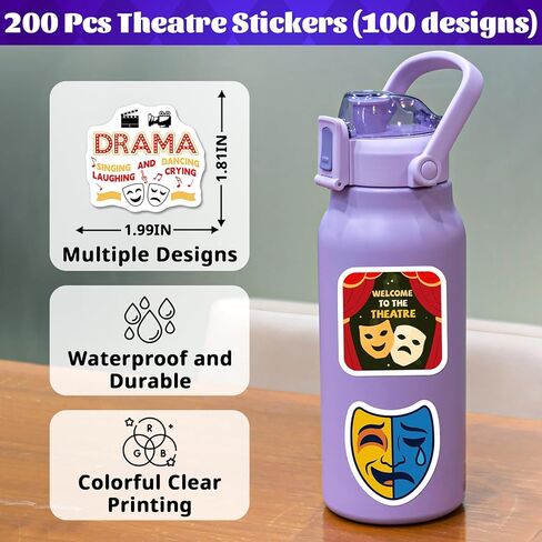 200PCS Theatre Stickers for Laptop, Waterproof Vinyl Drama Stickers for Water Bottle Phone Scrapbook, Musical Theatre Gifts for Kids Teens, Drama Club Party Favors in Saudi Arabia