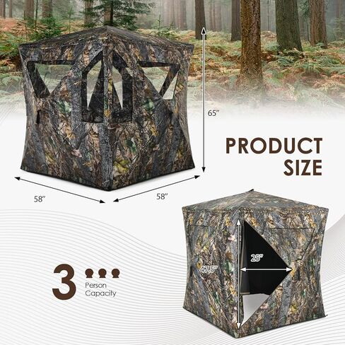GYMAX Hunting Blind, 3 Persons Pop Up Ground Blind with Shooting Hole, Windows & Silent Sliding, 360 Degree See Through Portable Durable Hunting Tent, Camouflage Ground Blind for Deer Turkey Hunting in Saudi Arabia