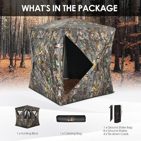 GYMAX Hunting Blind, 3 Persons Pop Up Ground Blind with Shooting Hole, Windows & Silent Sliding, 360 Degree See Through Portable Durable Hunting Tent, Camouflage Ground Blind for Deer Turkey Hunting in Saudi Arabia
