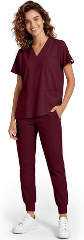 مجموعة Meidiero Scrubs للنساء - قميص علوي مطاطي برقبة على شكل حرف V وسراويل الركض مع 8 جيوب، زي ممرضة طبي ناعم يسمح بمرور الهواء in Kuwait