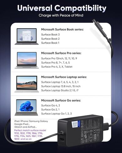 127W Microsoft Surface Book 3 Charger for 102W Surface Book 2, 1, Surface Laptop Studio 2,1,i5,i7, and Windows Surface Pro/Laptop/Go/Tablet,Support 102W, 65W, 44W, 36W, LED. 10FT in Saudi Arabia