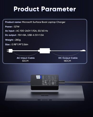 127W Microsoft Surface Book 3 Charger for 102W Surface Book 2, 1, Surface Laptop Studio 2,1,i5,i7, and Windows Surface Pro/Laptop/Go/Tablet,Support 102W, 65W, 44W, 36W, LED. 10FT in Saudi Arabia