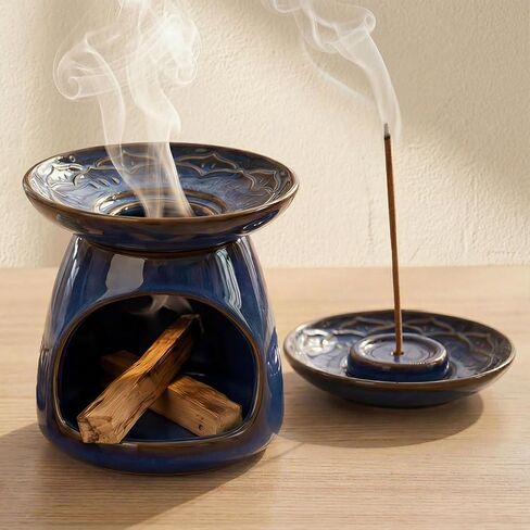 Palo Santo Holder Incense Burner for Sage, Ceramic Incense Holder for Sticks & Cones, 3-in-1 Mini Chimney Burner with Detachable Lotus Stick Tray, Meditation Home Decor Gift in Saudi Arabia