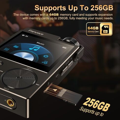 مشغل HiFi MP3، مشغل موسيقى صوتي رقمي عالي الدقة DSD بدون فقدان، مشغل صوت DAC FLAC محمول، 192 كيلو هرتز/24 بت، مشغل صوت محمول 64 جيجابايت، يدعم حتى 256 جيجابايت (أسود) in Kuwait
