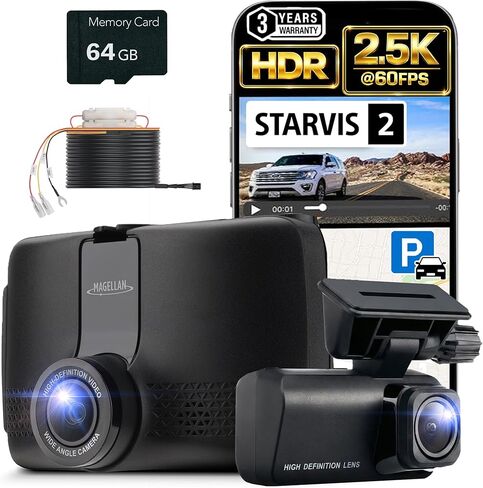 كاميرا Magellan Dash Cam أمامية وخلفية، 2.5K + 1080p Full HD Dash Camera، بطاقة 64 جيجابايت، حامل قوي، وضع ركن السيارة، Dual Starvis 2، شبكة Wi-Fi مدمجة، نظام تحديد المواقع العالمي (GPS)، التحكم في التطبيقات، رؤية ليلية in Kuwait