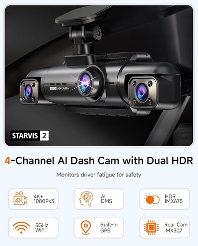 كاميرا داش كام أمامية وخلفية 4K STARVIS 2، كاميرا داش 360 درجة 4 قنوات للسيارات، مسجل فيديو للسيارة مع نظام مراقبة السائق AI، بطاقة مجانية 128 جيجابايت، نظام تحديد المواقع واي فاي 5 جيجا هرتز، رؤية ليلية WDR HDR، وضع انتظار السيارات 24 ساعة (N900) in Kuwait