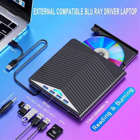 محرك أقراص Blu ray خارجي Dainty 7 في 1 للقراءة/الكتابة مع Bluray Burner USB 3.0 ونوع C متوافق مع/Windows7-11 Mac OS يدعم محرك BD/DVD/CD، Windows 7-11 & Mac، PC M-DISC (أسود) in Kuwait