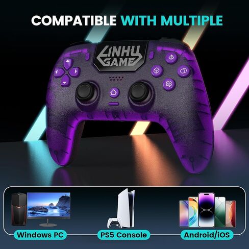 وحدة تحكم Linhugame اللاسلكية لجهاز PS5/Pro/Slim/PC، مع غلاف شفاف/شريط إضاءة RGB/أقراص تحكم بتأثير القاعة ومشغل/ماكرو/توربو/مقبس صوت 3.5 ملم/مكبر صوت وميكروفون/لوحة ألعاب ببطارية كبيرة سعة 1500 مللي أمبير في الساعة (أرجواني) in Kuwait