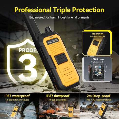 Retevis RB48A IP67 أجهزة اتصال لاسلكية مقاومة للماء 10 عبوات، مع شاحنين إضافيين، راديو عالي التحمل ثنائي الاتجاه، تقليل الضوضاء، PTT كبير، مكبر صوت 1000 مللي واط، 23 ساعة، قابلة لإعادة الشحن، لبناء التصنيع in Kuwait