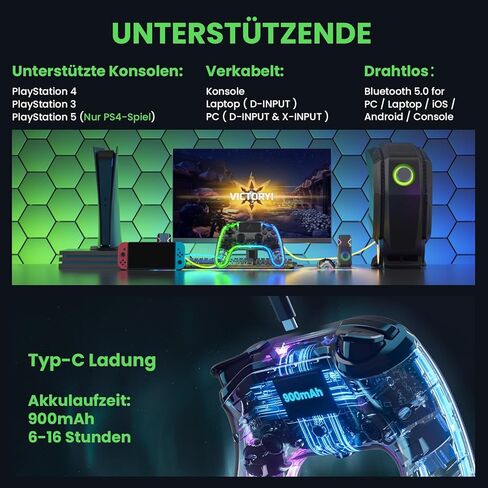 وحدة تحكم لاسلكية AUROCE لجهاز PS4/PS3/PC، وحدة تحكم LED PS4 Dualshock 4 شفافة مع RGB Neon، عصا تناظرية ALPS، مشغل القاعة، مقبس الصوت/مكبر الصوت، Macro/Turbo-Cyber ​​Gray in Saudi Arabia