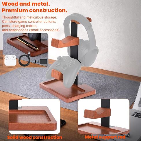 Solid Wood Game Controller Stand & Headphone Holder, Dual Controller Organizer for Xbox Switch Headset Gaming Equipment Stuff Desk Accessories Room Decor for Son Husband Boyfriend in Saudi Arabia