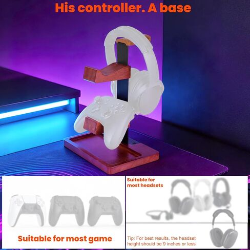 Solid Wood Game Controller Stand & Headphone Holder, Dual Controller Organizer for Xbox Switch Headset Gaming Equipment Stuff Desk Accessories Room Decor for Son Husband Boyfriend in Saudi Arabia